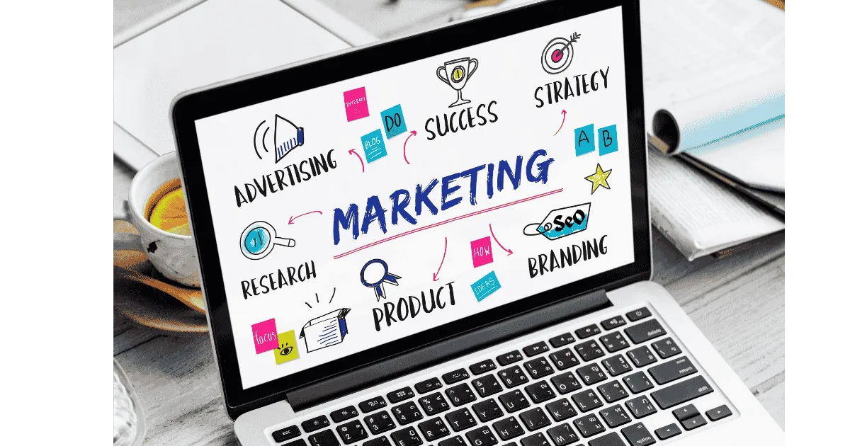 "Marketing Strategy, SEO, Branding, Advertising, and Success Keywords on Laptop Screen"