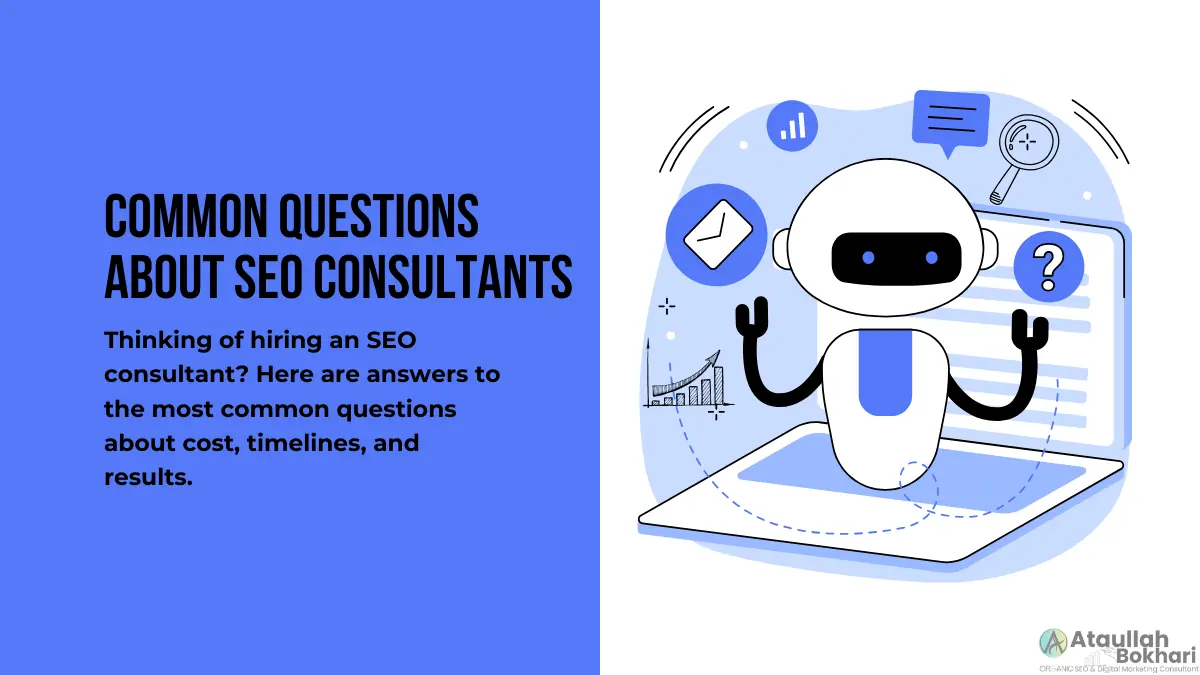 FAQ illustration about SEO consultants answering questions on cost, timelines, and results