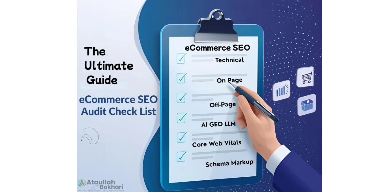 Illustration of eCommerce SEO audit checklist with icons for shopping cart, product, and performance chart