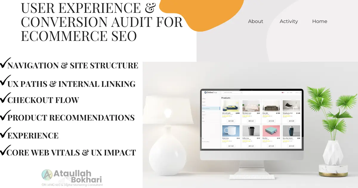 User Experience and Conversion Audit for eCommerce SEO showing navigation, UX paths, internal linking, checkout flow, product recommendations, and Core Web Vitals.