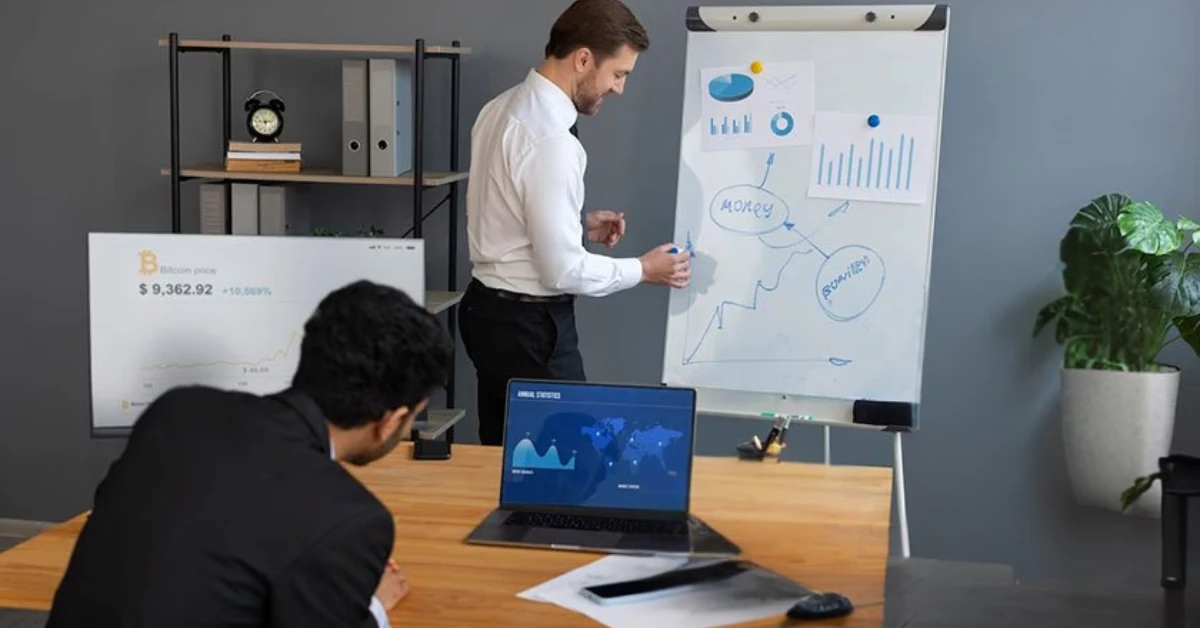 Professional SEO consultant presenting marketing growth charts and local SEO strategy during a business meeting.