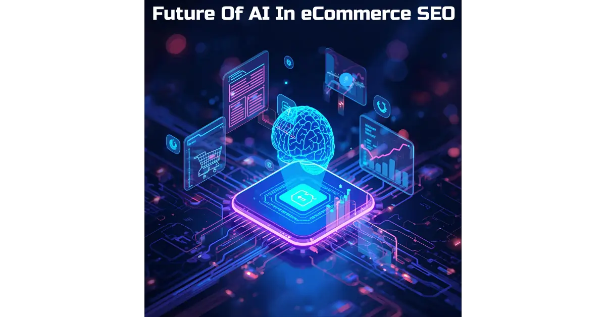 Futuristic illustration showing AI-powered eCommerce SEO with holographic search results, voice commands, and shopping icons