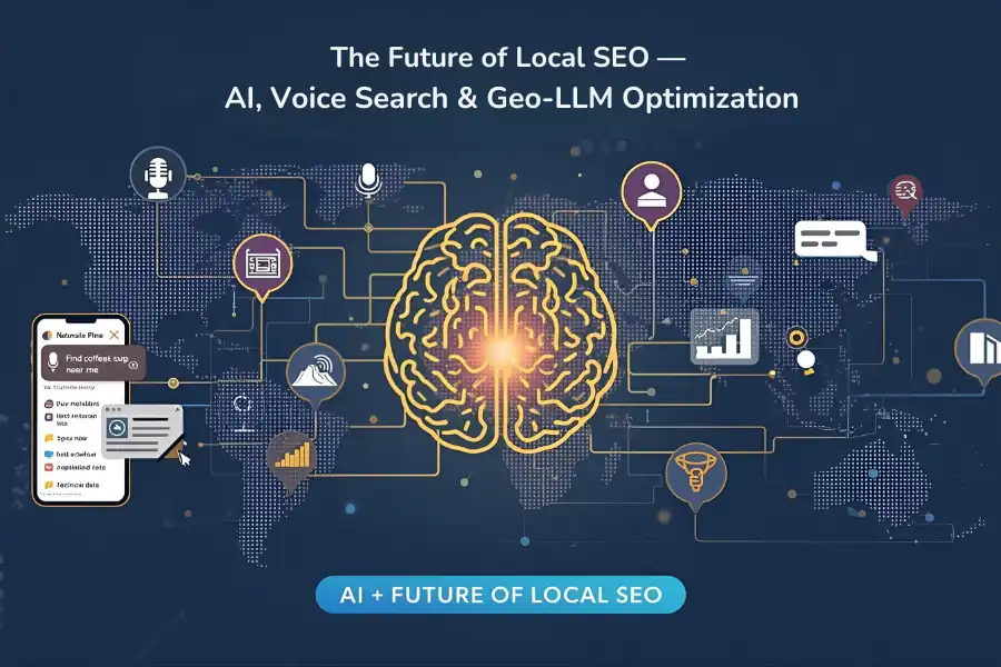 Flat vector infographic showing AI brain circuits, voice search icons, and global network nodes illustrating the future of Local SEO with AI and Geo-LLM optimization.