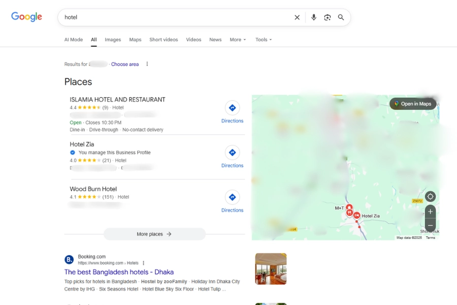 Hotel Zia appearing in Google local 3-pack results with map view showing nearby hotels