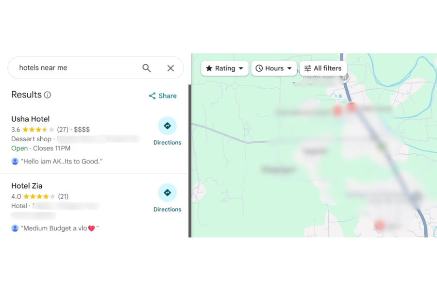 Hotel Zia Google Maps result showing 4.0 star rating and visibility in “hotels near me” local pack