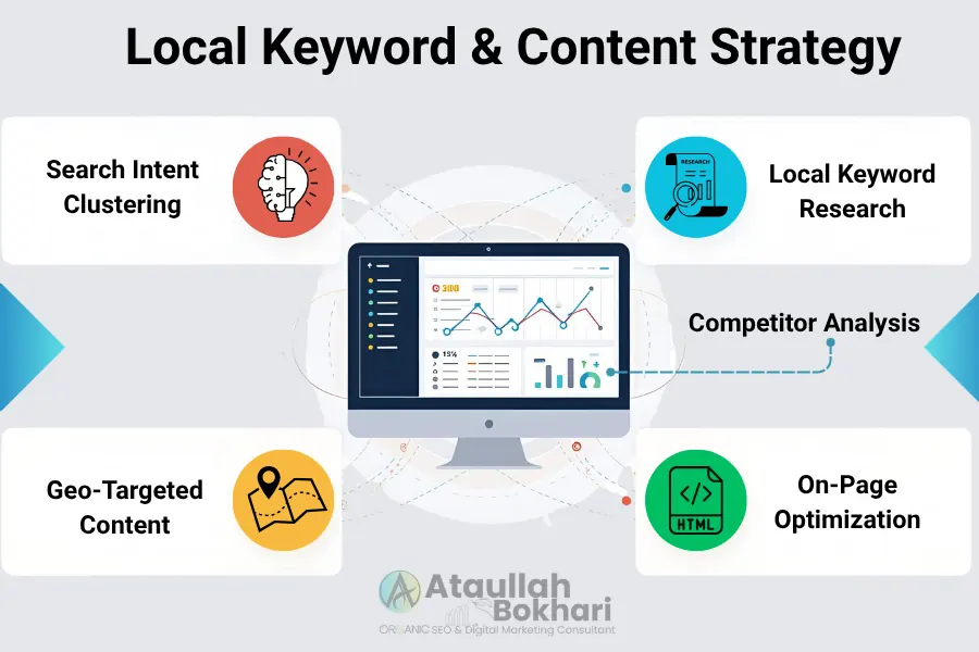 Infographic explaining local keyword and content strategy with icons for keyword research, search intent clustering, geo-targeted content, and on-page optimization