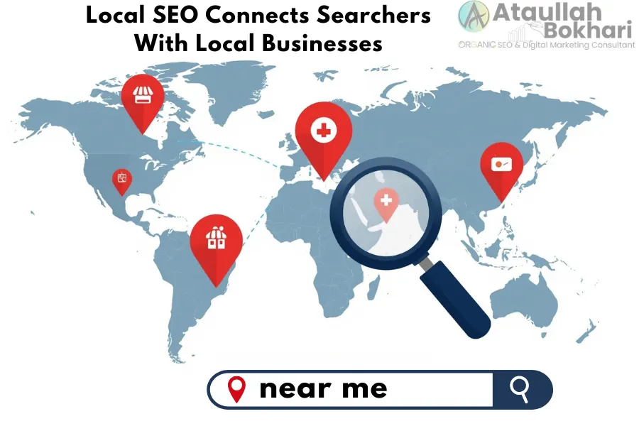 Infographic showing a world map with red location pins and magnifying glass, representing how Local SEO connects searchers with local businesses globally