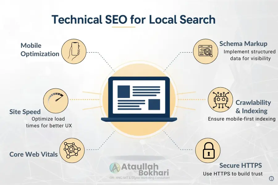 Flat vector infographic showing technical SEO elements for local search, including mobile optimization, site speed, schema markup, crawlability, HTTPS, and Core Web Vitals.