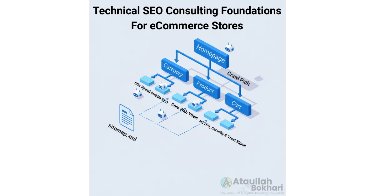 Infographic showing technical SEO consulting foundations for eCommerce stores, including crawl path, sitemap.xml, Core Web Vitals, HTTPS, and mobile optimization