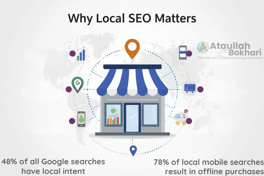 Infographic showing why Local SEO matters, featuring storefront icon, Google map pin, and statistics about local search and mobile conversions