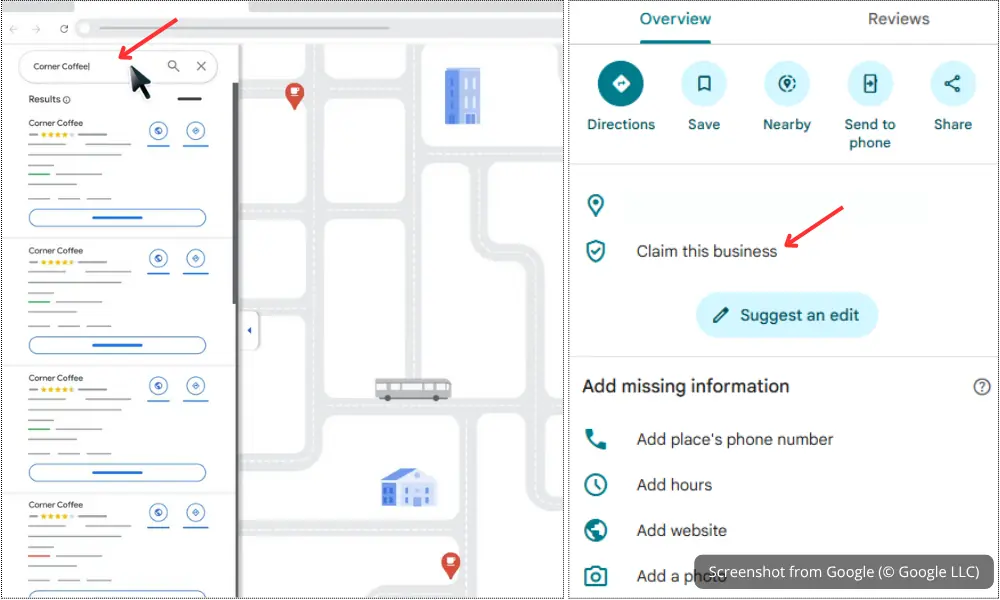 Search your business on Google Maps and find Claim this business option