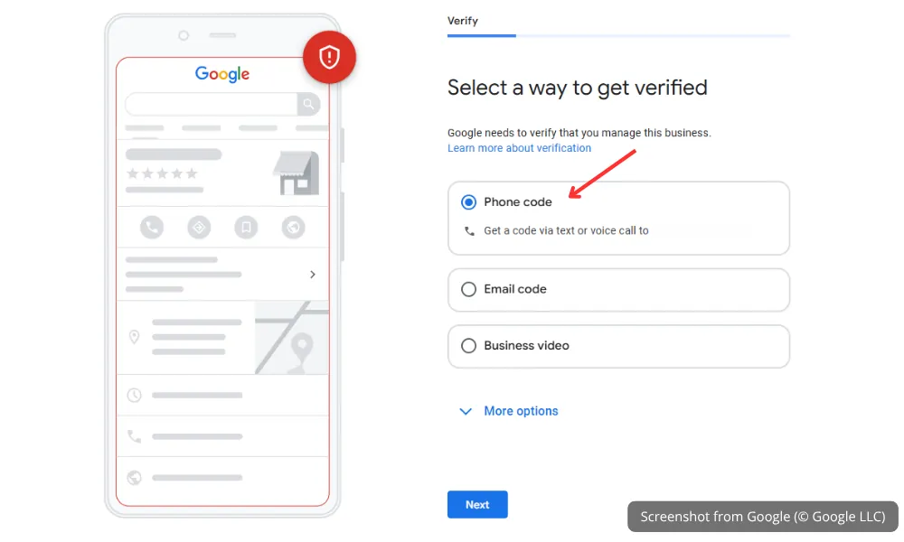 Select verification method for Google Business Profile such as phone, email, or video