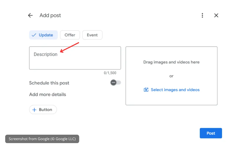 Google Business Profile post creation example with image and CTA