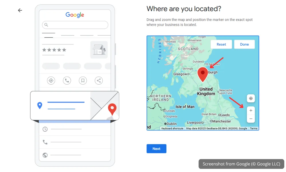 Google Maps red pin showing exact business entrance location for Google Business Profile setup