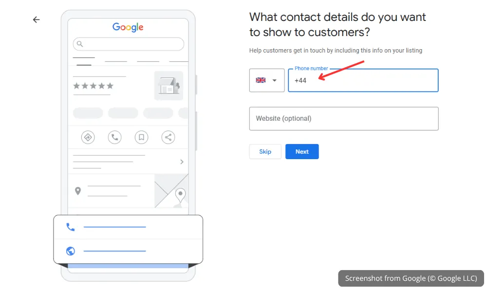 Google Business Profile step showing fields to add phone number and website URL