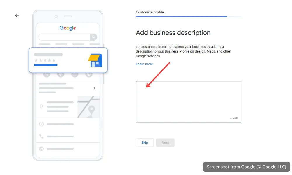 Google Business Profile business description input field example