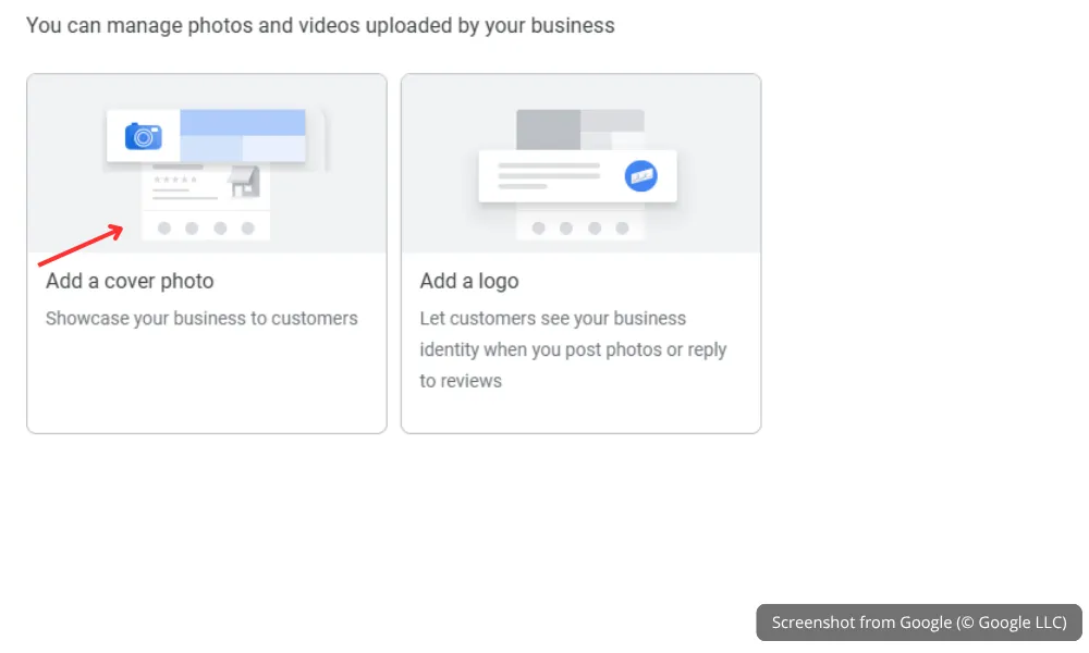 Google Business Profile photo upload section with examples of logo, interior, and exterior images