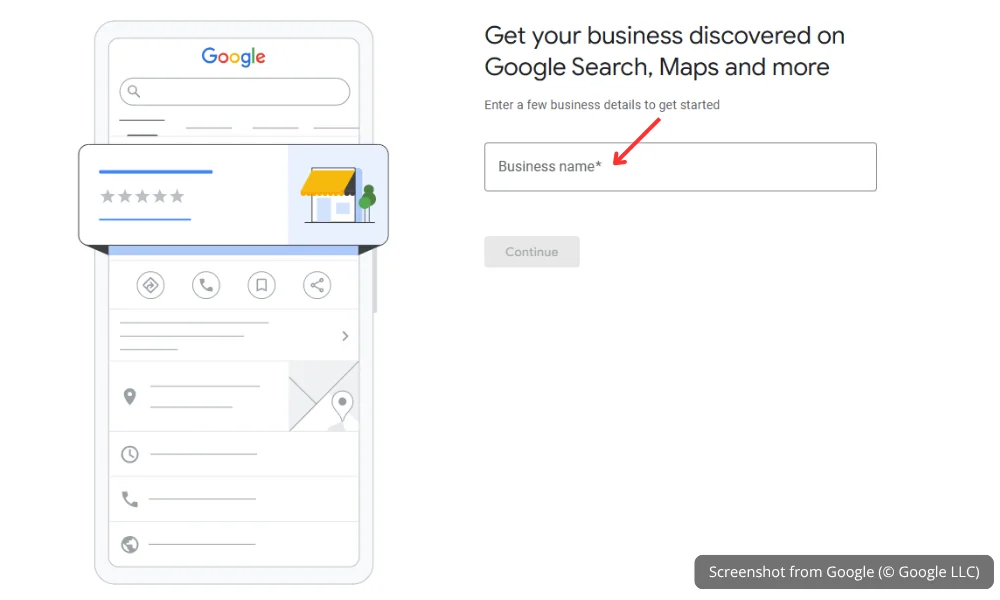 Entering your business name during Google Business Profile setup