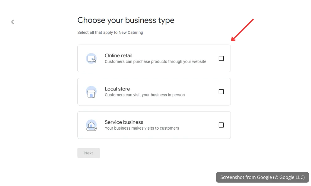 Choosing your business type during Google Business Profile setup