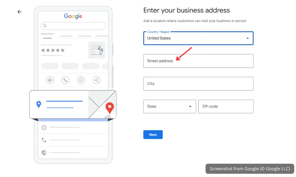 Add your business address in Google Business Profile — enter full street, city, state, and postal code