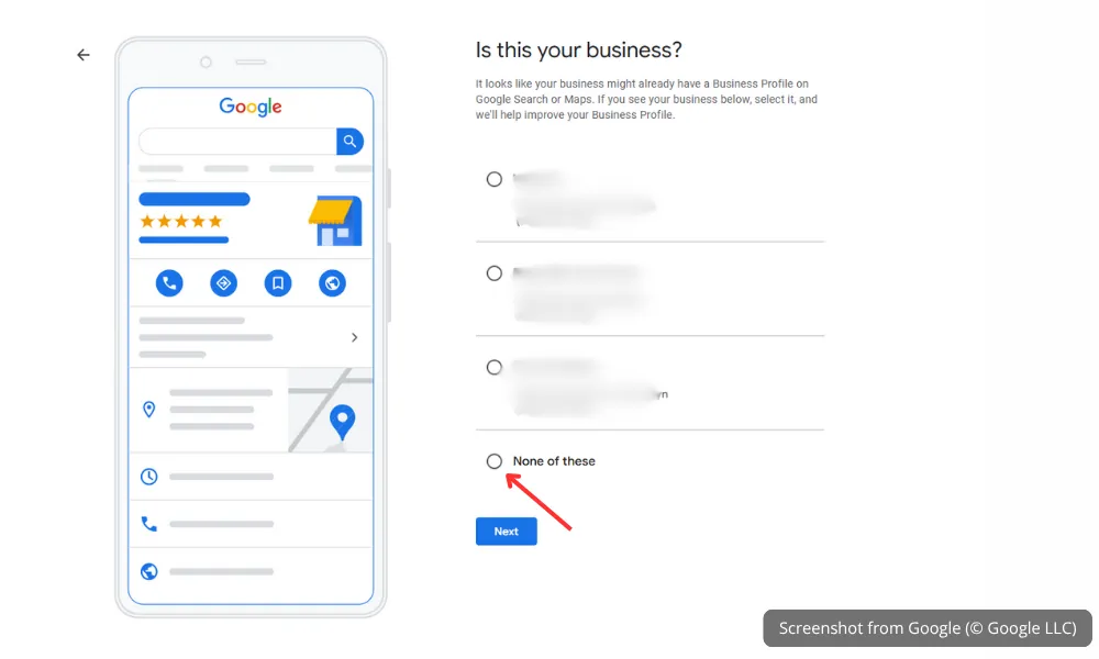 Google Business Profile duplicate listing suggestion screen — choose 'None of these' if no match