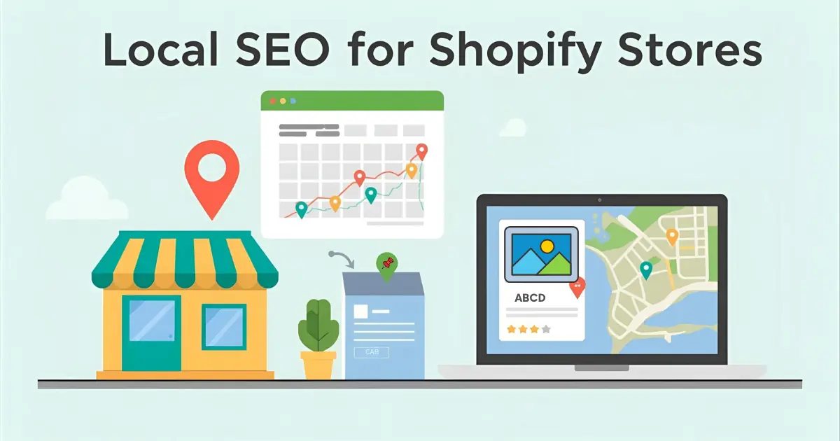 Illustration showing a Shopify store, Google map pins, and analytics dashboard — representing local SEO and Google Business Profile optimization for Shopify stores.