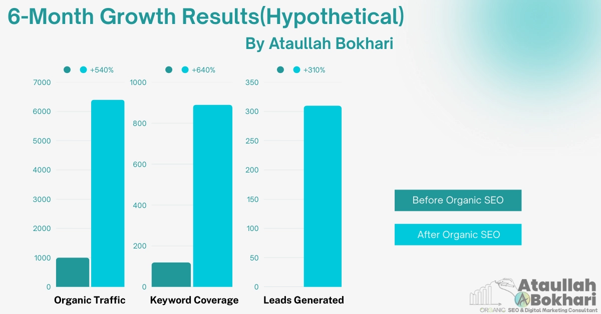 Hypothetical 6-month organic SEO growth results chart showing traffic, keyword coverage, and leads improvement by Ataullah Bokhari