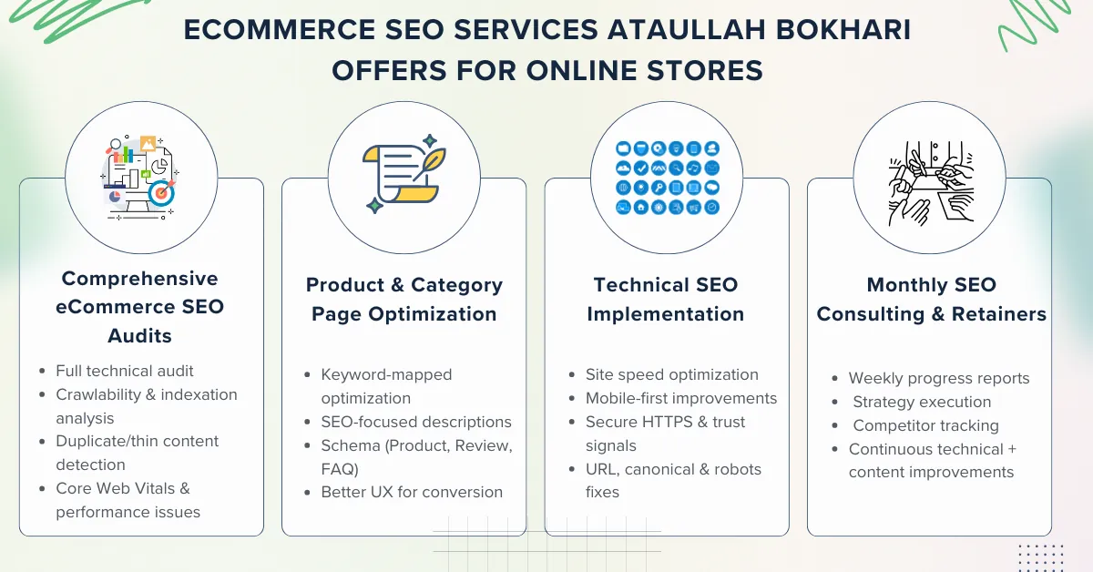 eCommerce SEO services Ataullah Bokhari provides for online stores — including technical audits, product page optimization, technical SEO implementation, and monthly consulting retainers