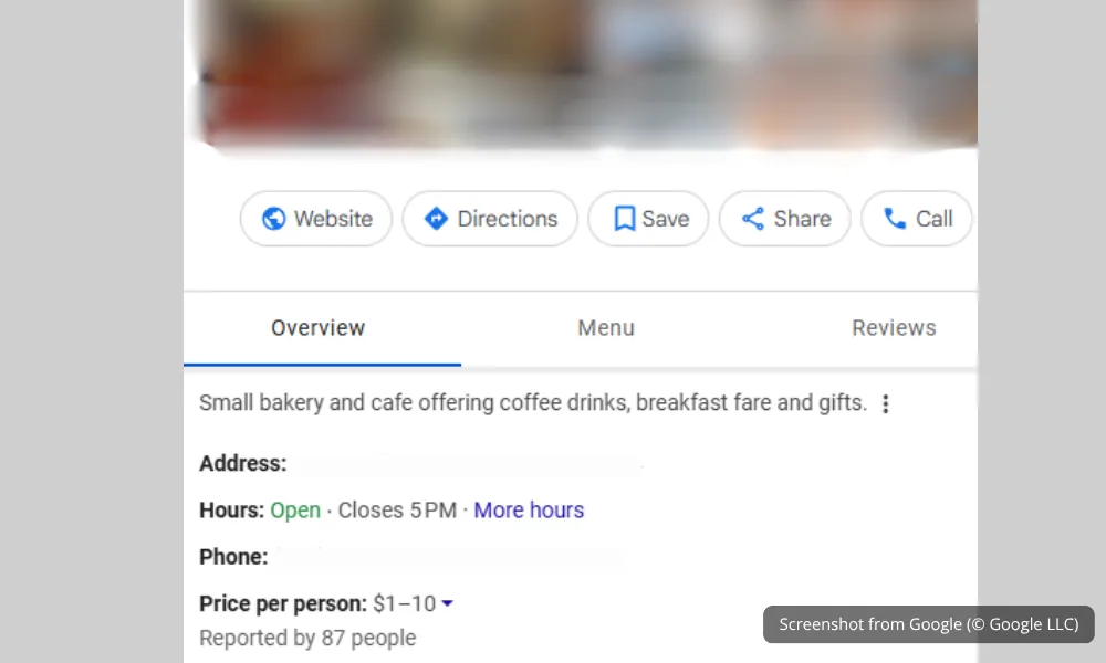 Blurred example of a Google Business Profile panel showing address, hours, and business information