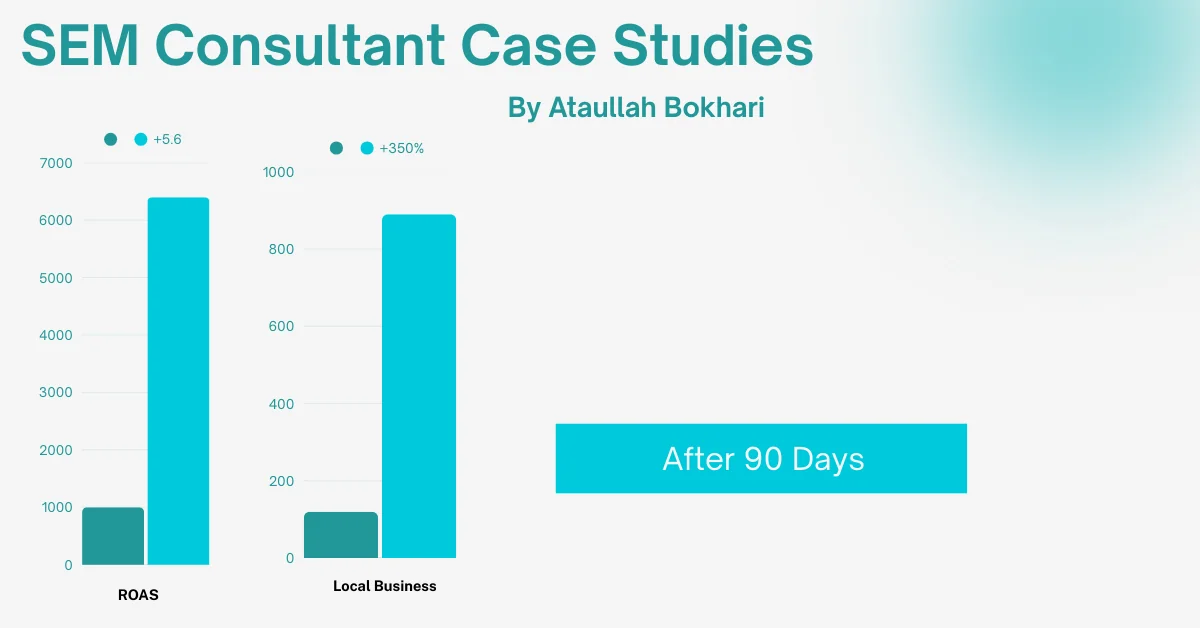 SEM consultant case studies showing ROAS growth and lead increase results after 90 days of campaign optimization.