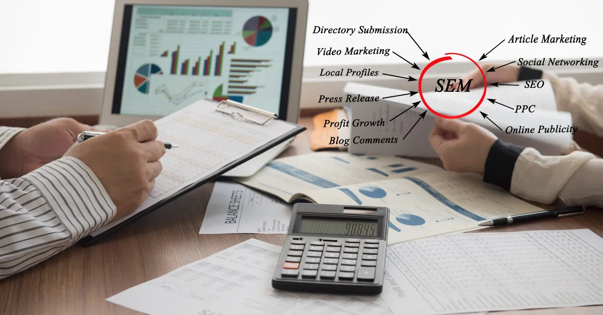 SEM strategy visual showing multiple digital marketing channels like PPC, SEO, and content connected to search engine marketing.