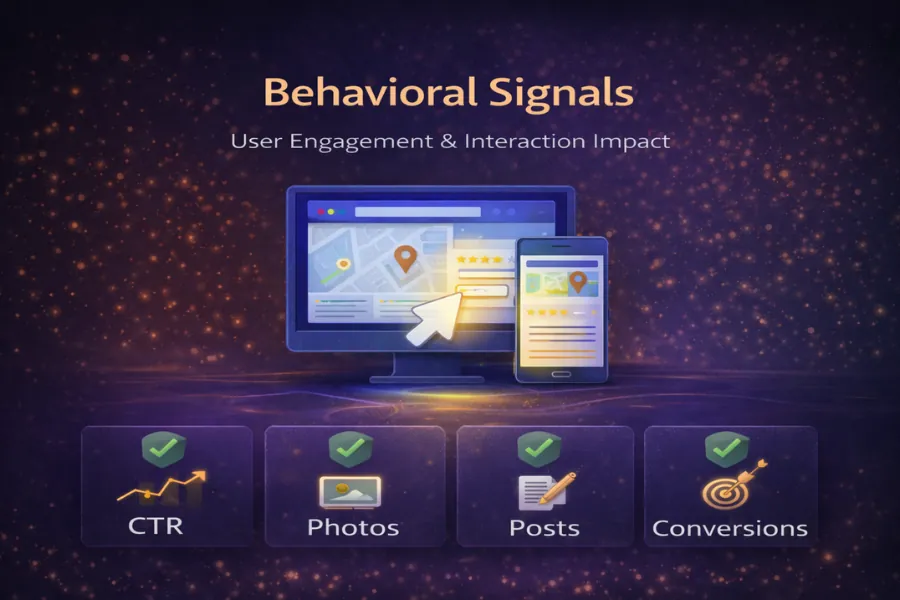 Behavioral signals in a Google Business Profile optimization checklist including CTR, engagement, and conversion activity