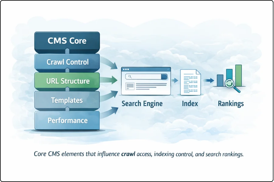 CMS SEO diagram showing crawl control, URL structure, and performance impact on rankings