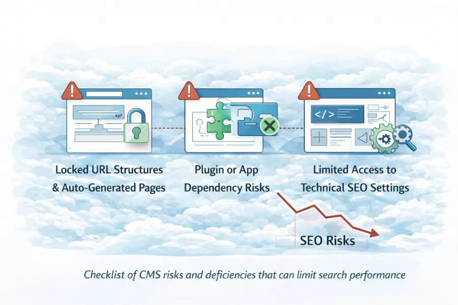 Diagram showing CMS limitations that can restrict crawl control, URL flexibility, and technical SEO settings