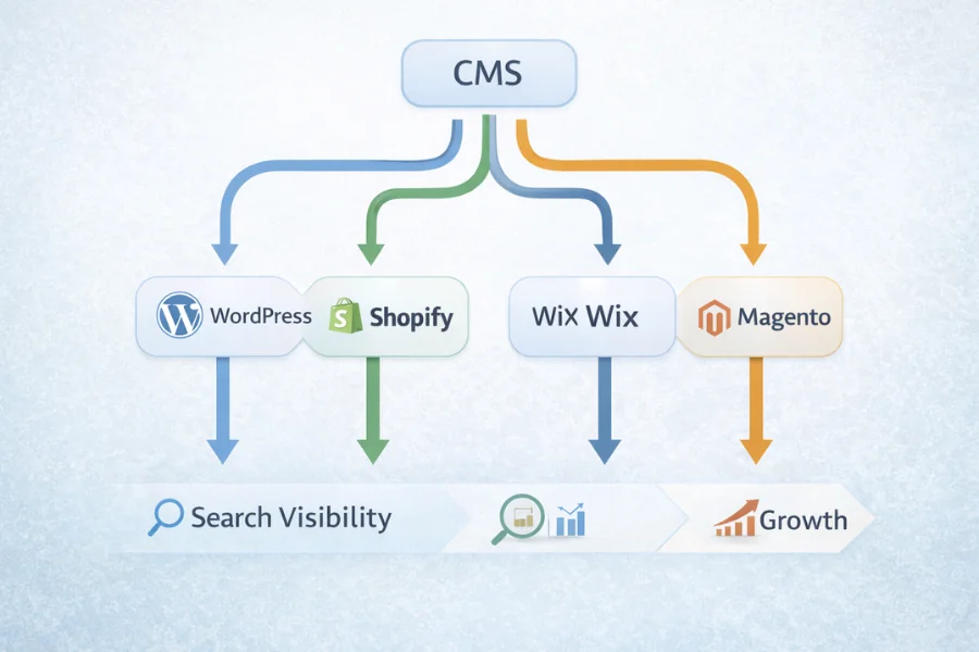 CMS SEO next steps diagram showing platform alignment for WordPress, Shopify, Wix, and Magento