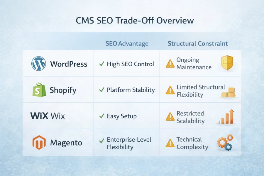 Comparison infographic showing SEO trade-offs across WordPress, Shopify, Wix, and Magento CMS platforms