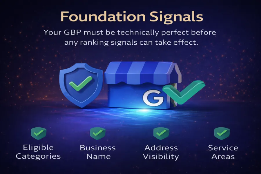 Foundation signals in a Google Business Profile optimization checklist including categories, business name, address visibility, and service areas