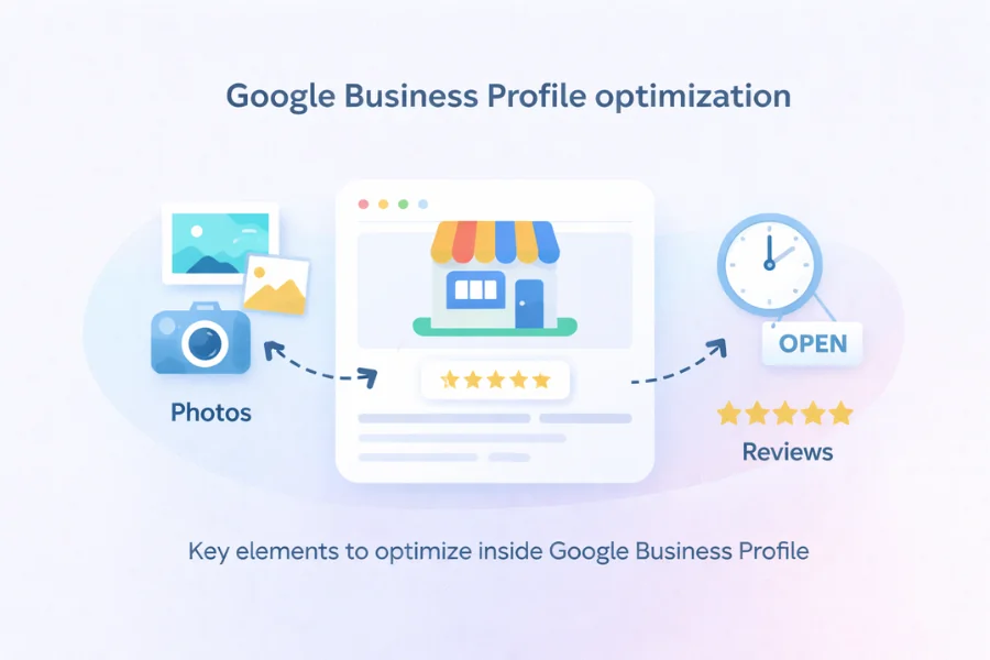 Illustration showing key Google Business Profile elements that influence local search visibility