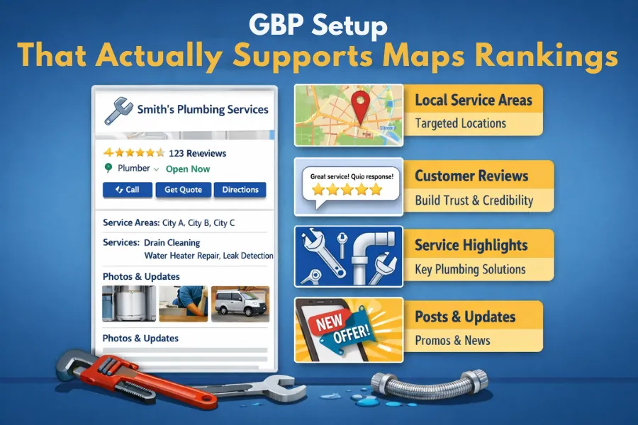 Google Business Profile optimization illustration for plumbers showing service areas, reviews, and posts