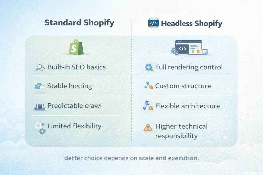 Headless Shopify vs standard Shopify SEO comparison infographic