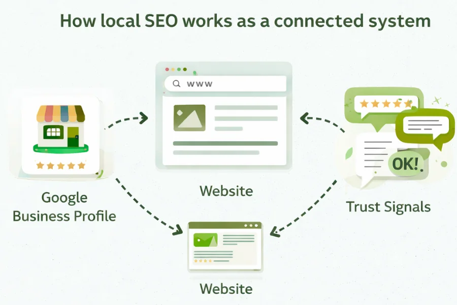 Diagram showing how Google Business Profile, website, and trust signals work together in local SEO