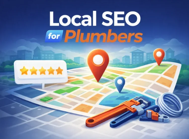 Local SEO for plumbers illustration showing Google Maps ranking, review signals, and service visibility