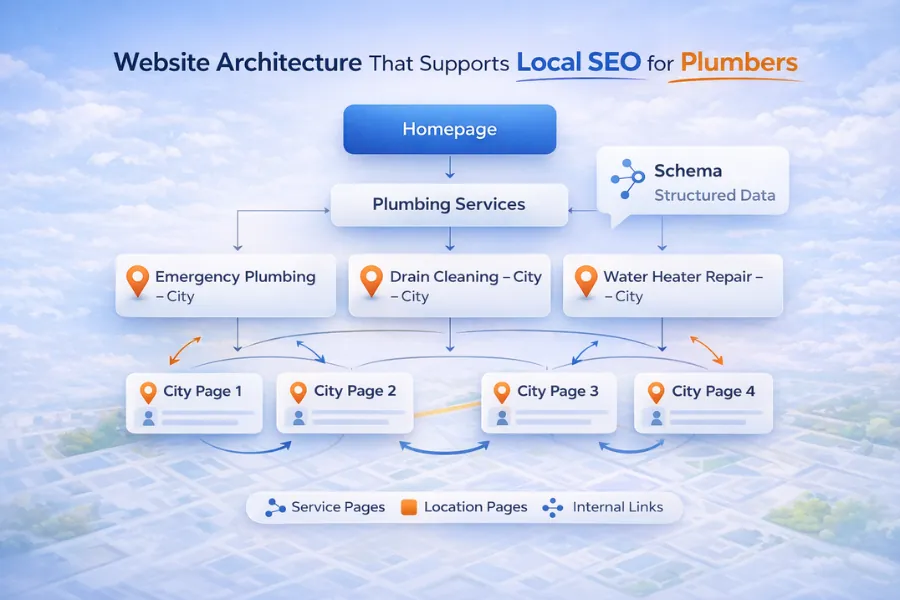 Website architecture diagram showing service and city location page structure for local SEO for plumbers