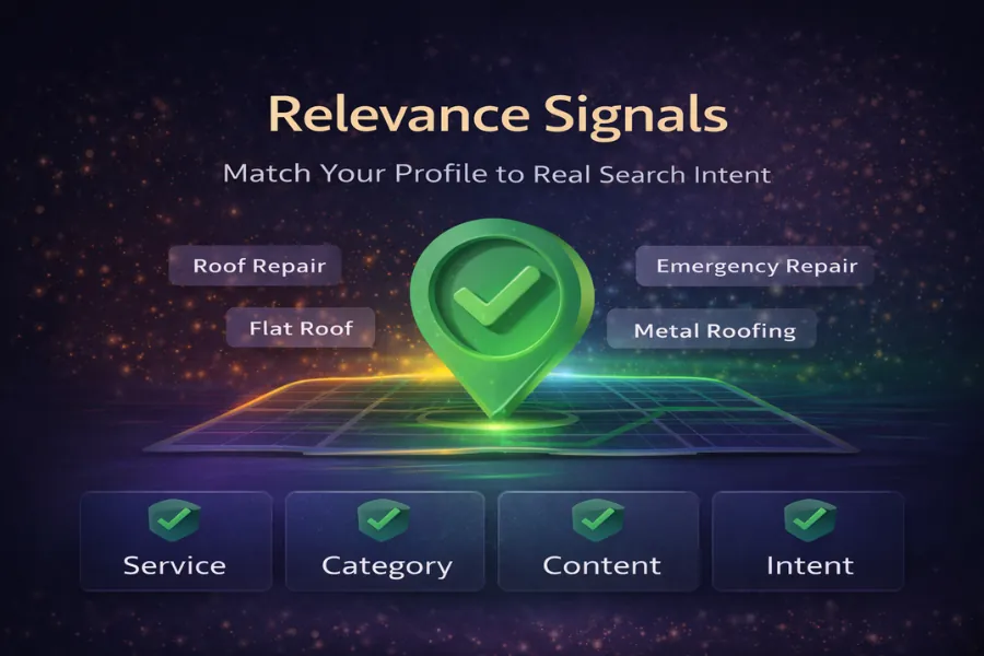 Relevance signals in a Google Business Profile optimization checklist showing category alignment and service intent matching