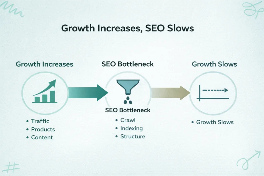 Simple diagram showing how Shopify store growth can lead to an SEO bottleneck that slows organic performance.