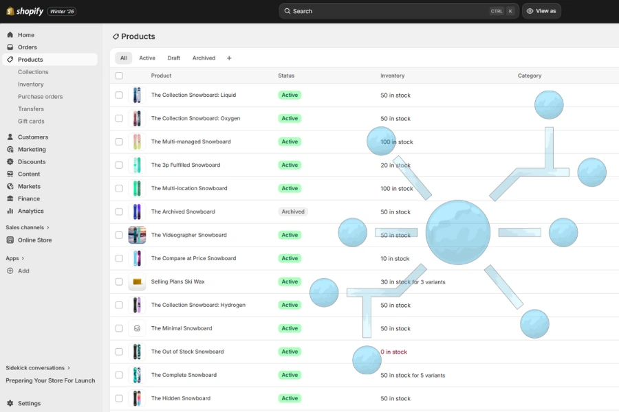Shopify dashboard illustration with site structure nodes representing platform-specific Shopify SEO strategy.