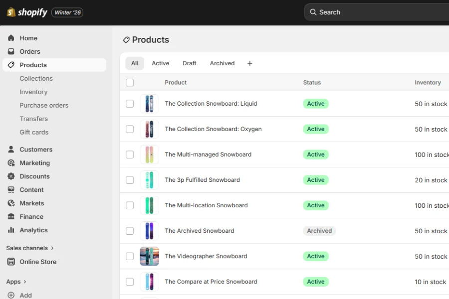 Shopify admin dashboard illustrating how store structure affects Shopify SEO.