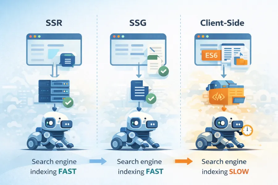 SSR vs SSG vs client-side rendering SEO indexing comparison diagram