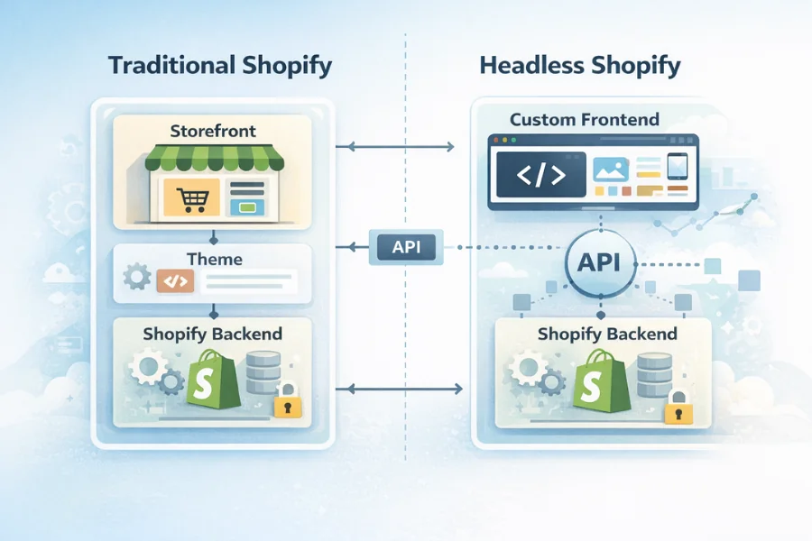 Traditional Shopify vs headless Shopify architecture diagram