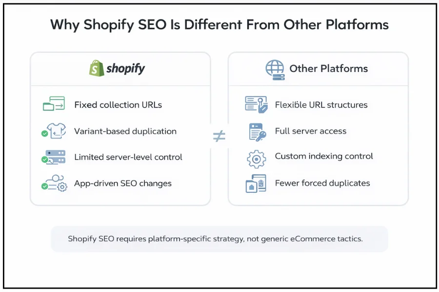 Comparison showing how Shopify SEO differs from other eCommerce platforms in structure and control.